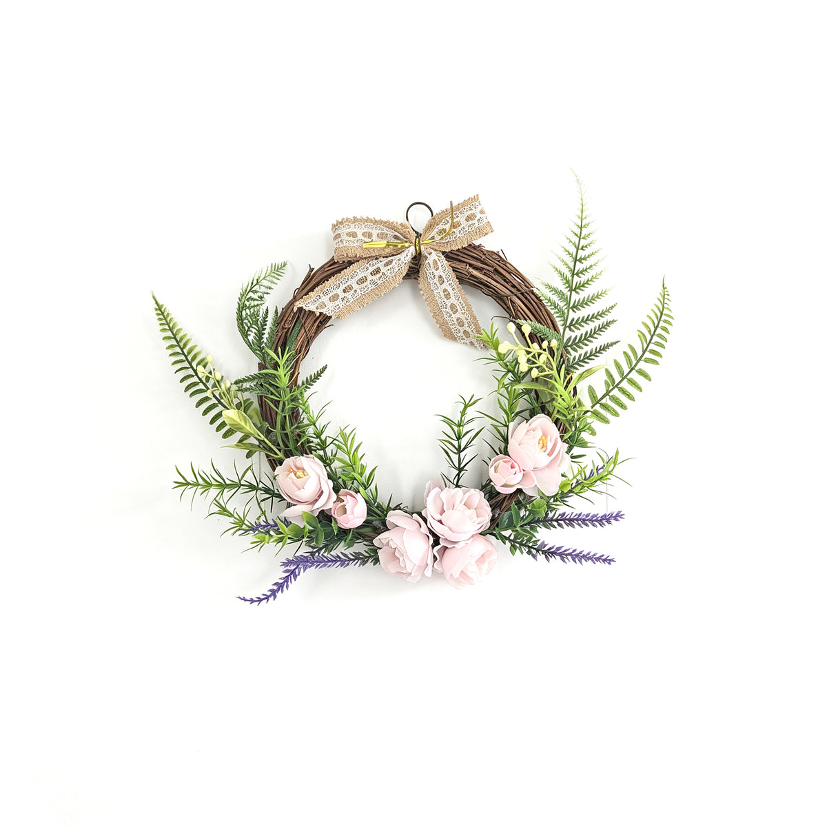 Pink Floral Wreath with Lace Bow, Romantic Farmhouse Door Decor for Home