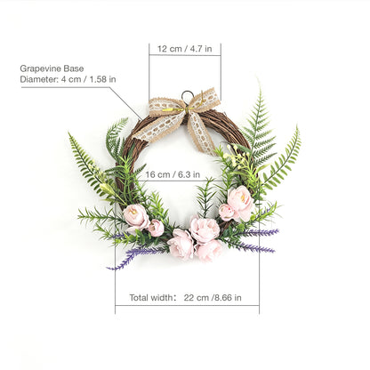 Pink Floral Wreath with Lace Bow, Romantic Farmhouse Door Decor for Home