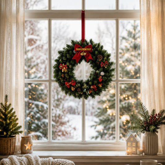 Classic Red Bow Christmas Wreath with Pinecones & Ornaments