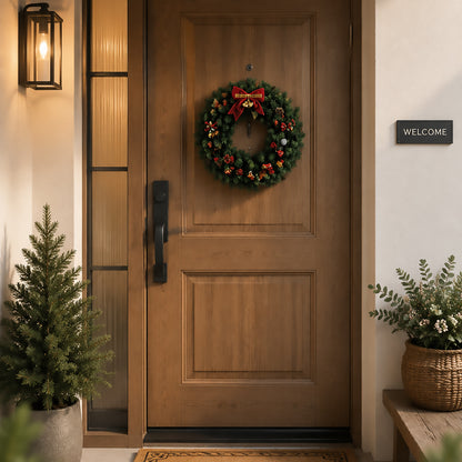 Classic Red Bow Christmas Wreath with Pinecones & Ornaments