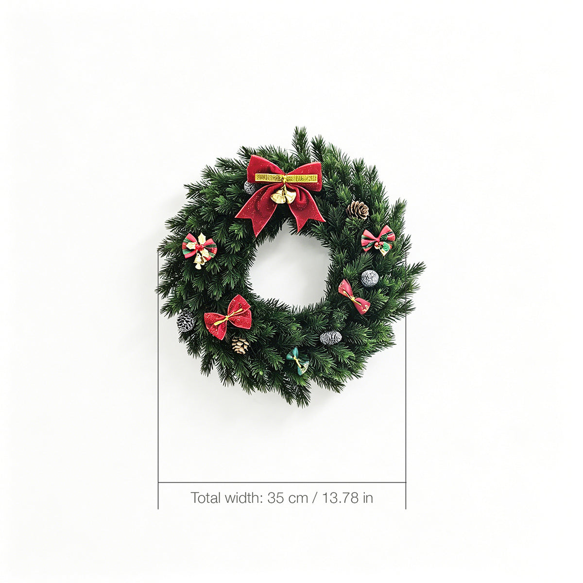 Classic Red Bow Christmas Wreath with Pinecones & Ornaments