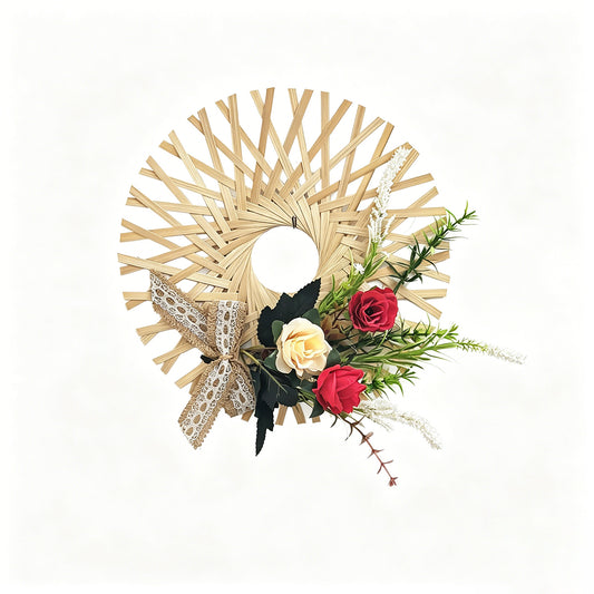 Handmade Bamboo Woven Door Wreath with Artificial Roses & Lace Bow