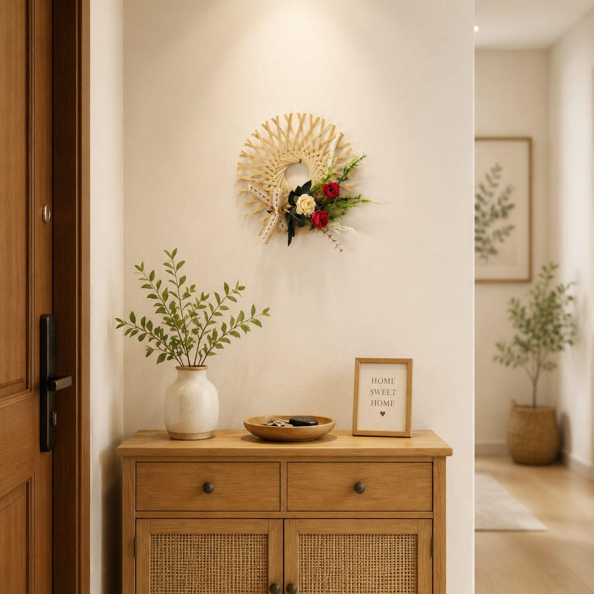Handmade Bamboo Woven Door Wreath with Artificial Roses & Lace Bow