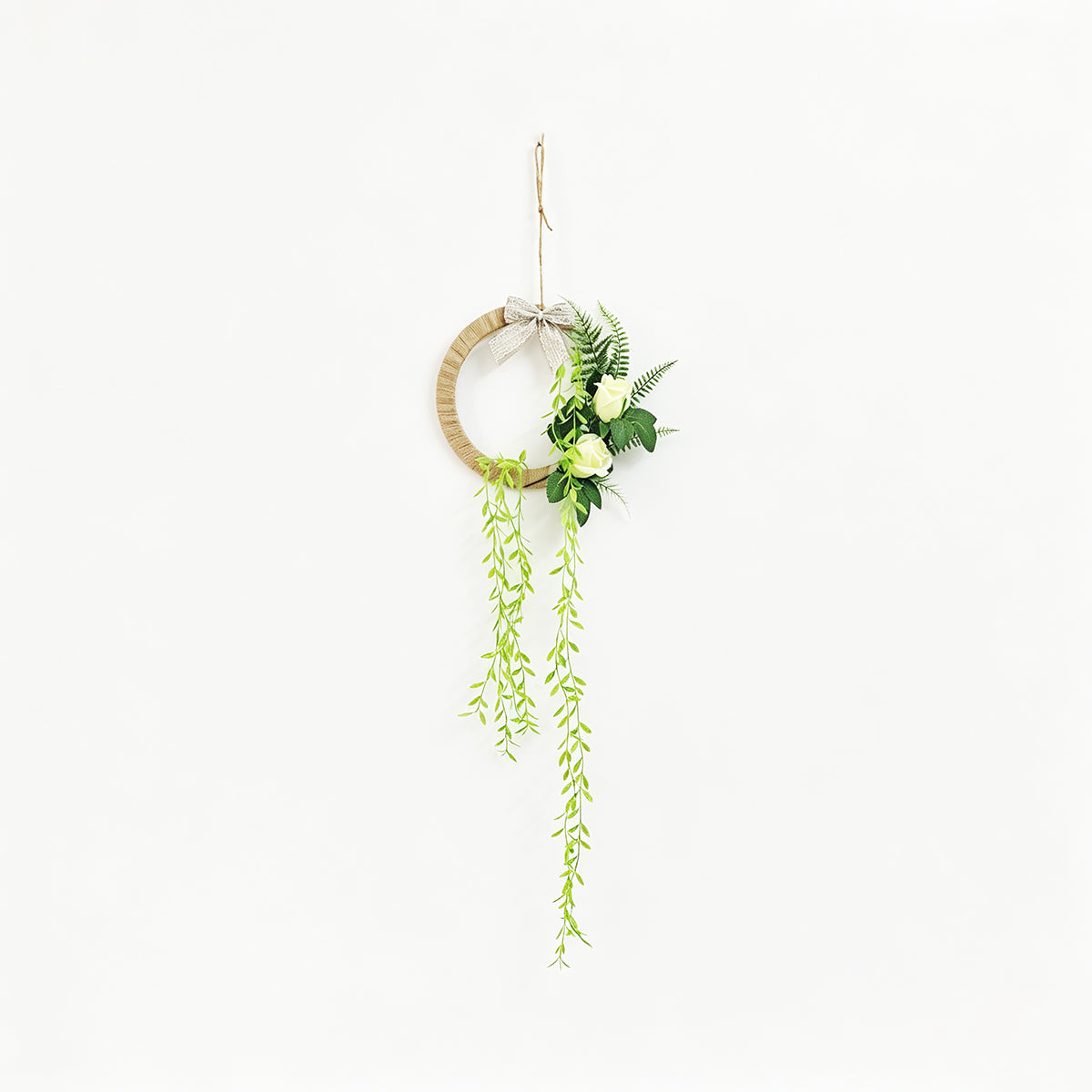 Minimalist Jute Hoop Wreath with White Roses & Hanging Greenery