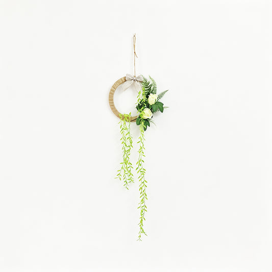 Minimalist Jute Hoop Wreath with White Roses & Hanging Greenery