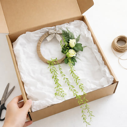 Minimalist Jute Hoop Wreath with White Roses & Hanging Greenery
