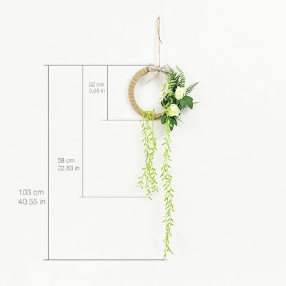 Minimalist Jute Hoop Wreath with White Roses & Hanging Greenery