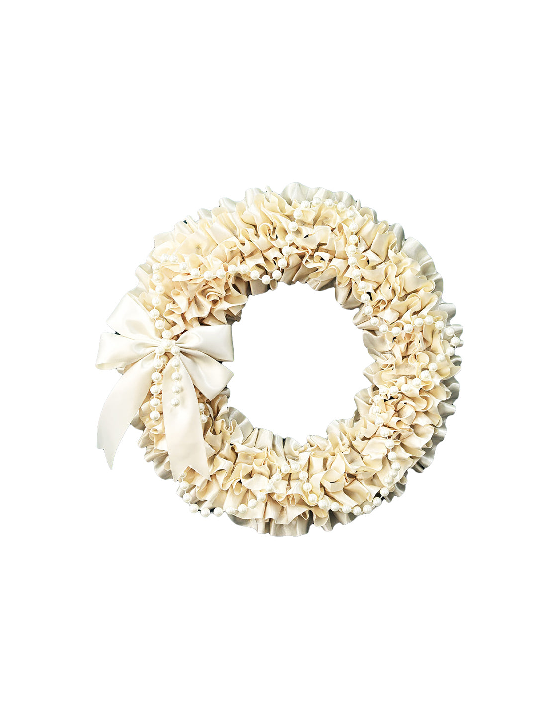 Elegant Cream Satin Ruffled Wreath with Pearl Garland & Satin Bow