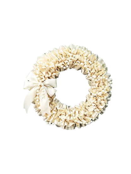 Elegant Cream Satin Ruffled Wreath with Pearl Garland & Satin Bow