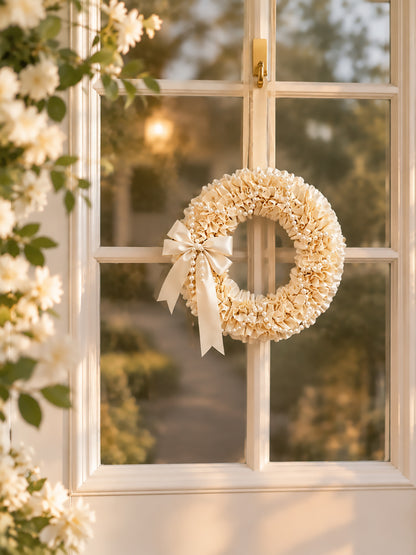 Elegant Cream Satin Ruffled Wreath with Pearl Garland & Satin Bow