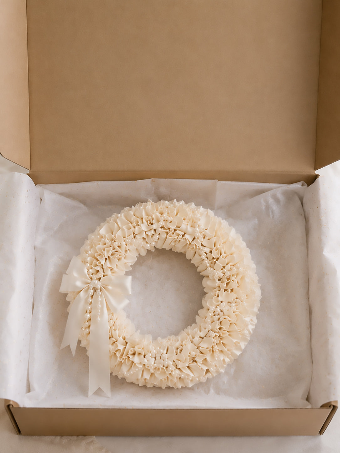 Elegant Cream Satin Ruffled Wreath with Pearl Garland & Satin Bow