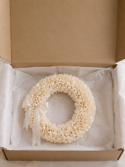 Elegant Cream Satin Ruffled Wreath with Pearl Garland & Satin Bow