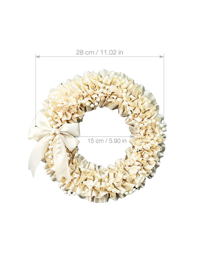 Elegant Cream Satin Ruffled Wreath with Pearl Garland & Satin Bow