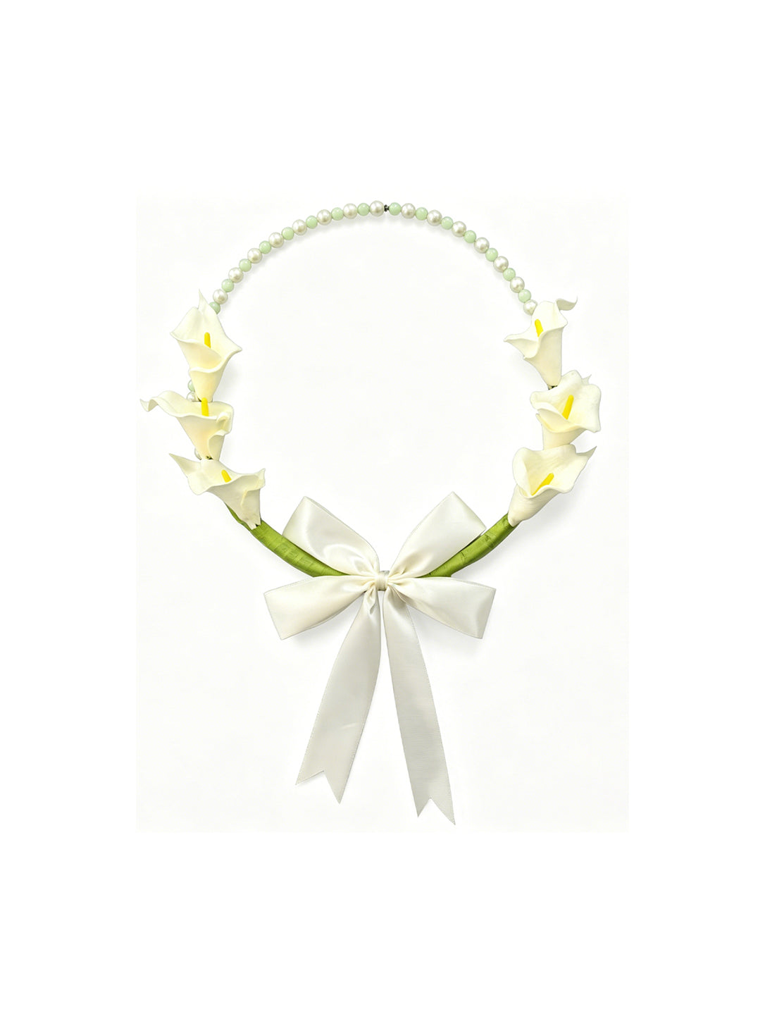 Elegant White Calla Lily Bead Hoop Wreath with Satin Bow