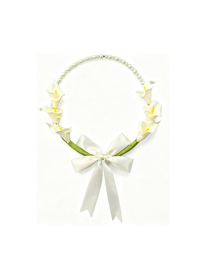 Elegant White Calla Lily Bead Hoop Wreath with Satin Bow