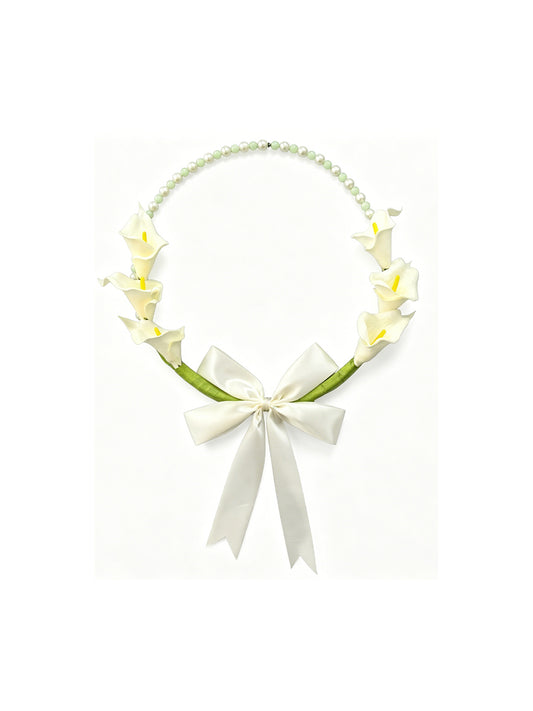 Elegant White Calla Lily Bead Hoop Wreath with Satin Bow