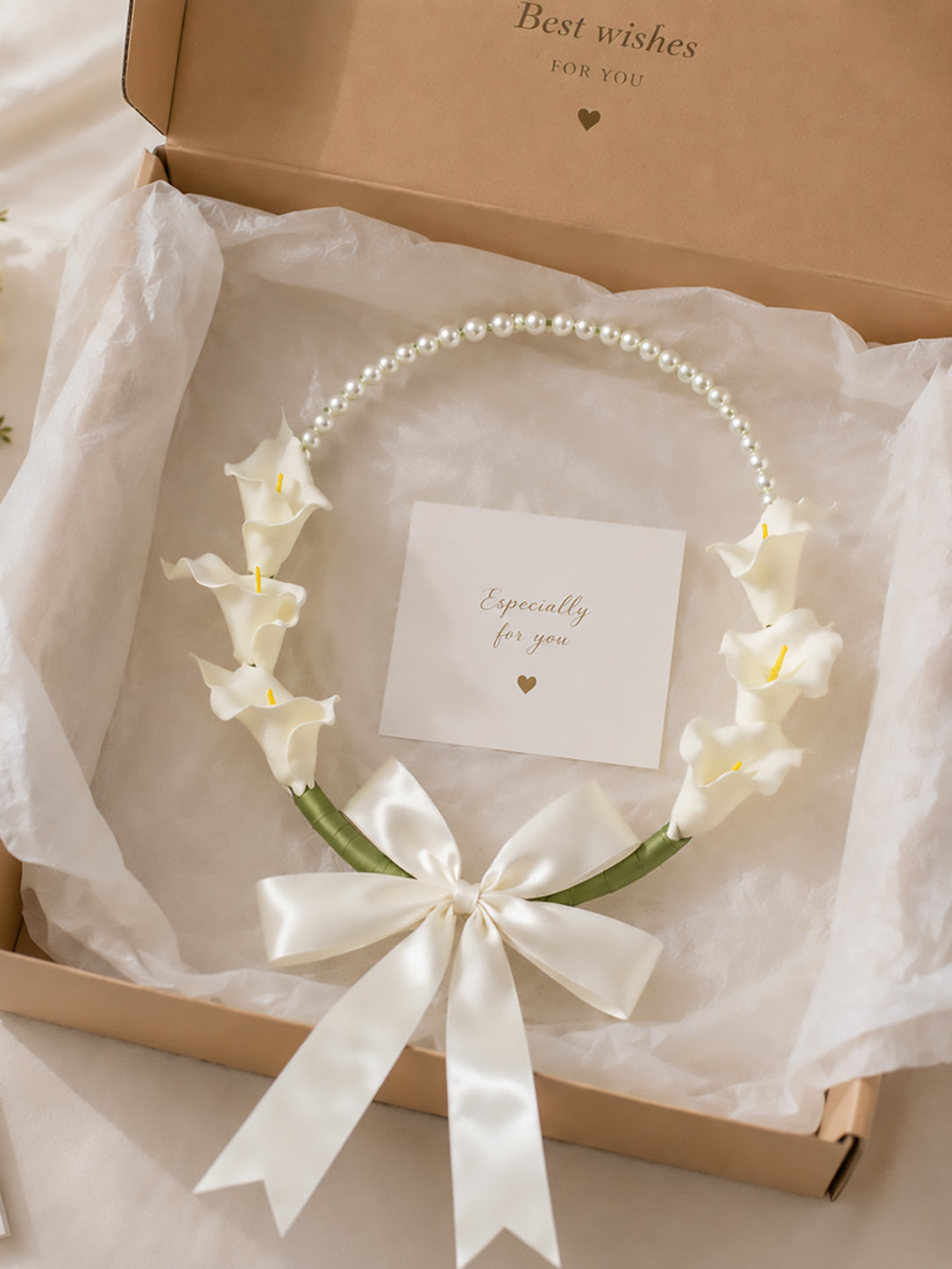 Elegant White Calla Lily Bead Hoop Wreath with Satin Bow