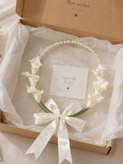 Elegant White Calla Lily Bead Hoop Wreath with Satin Bow