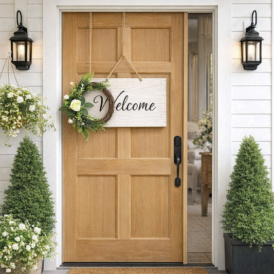 Artificial Greenery Wreath with White Roses, Fern Leaves & Rustic Vine Ring Decor