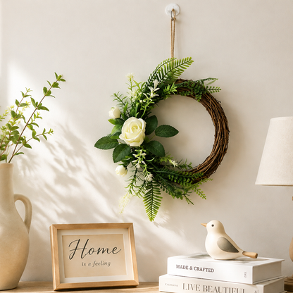 Artificial Greenery Wreath with White Roses, Fern Leaves & Rustic Vine Ring Decor