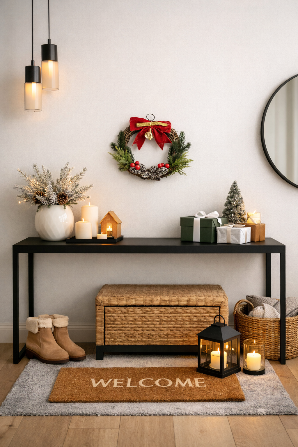 Rustic Christmas Wreath with Pine Branches, Red Berries & Bow Holiday Decor