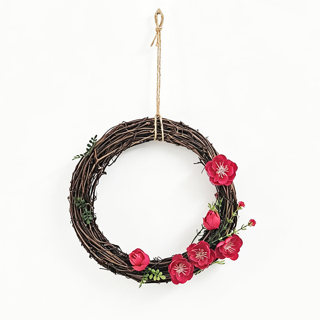 Boho Flower Wreath with Pink Blossoms, Rustic Vine Ring & Farmhouse Wall Decor