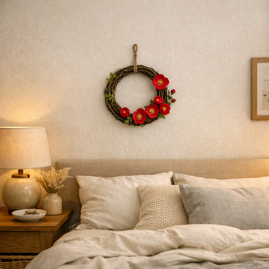 Boho Flower Wreath with Pink Blossoms, Rustic Vine Ring & Farmhouse Wall Decor