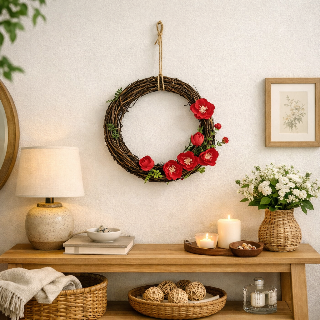 Boho Flower Wreath with Pink Blossoms, Rustic Vine Ring & Farmhouse Wall Decor