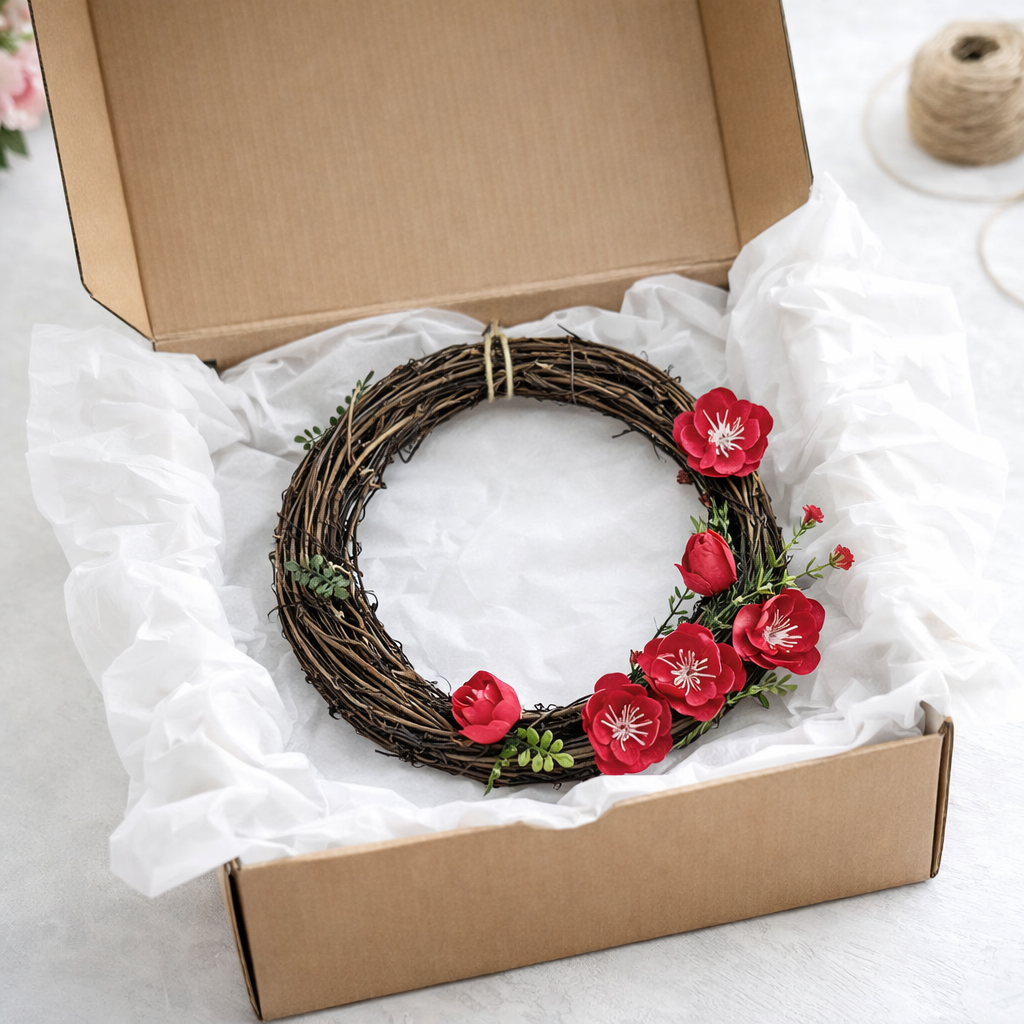 Boho Flower Wreath with Pink Blossoms, Rustic Vine Ring & Farmhouse Wall Decor