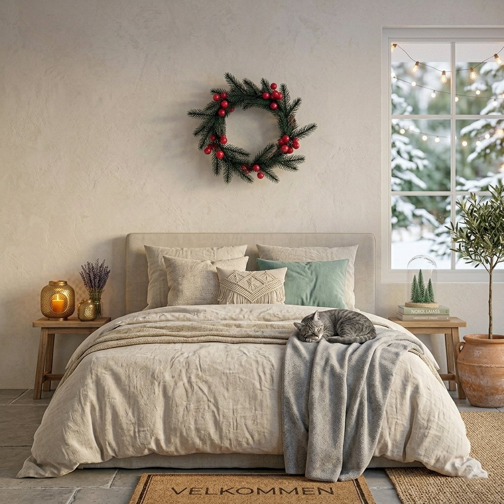 Rustic Christmas Wreath with Evergreen Branches & Red Berries for Front Door Decor