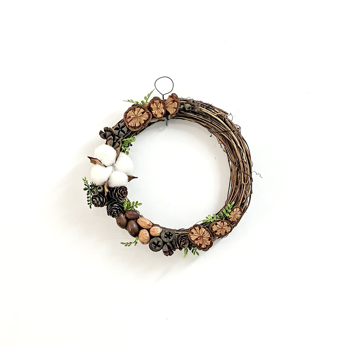 Rustic Woodland Wreath with Cotton, Pinecones & Natural Wood Accents Decor