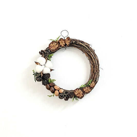 Rustic Woodland Wreath with Cotton, Pinecones & Natural Wood Accents Decor