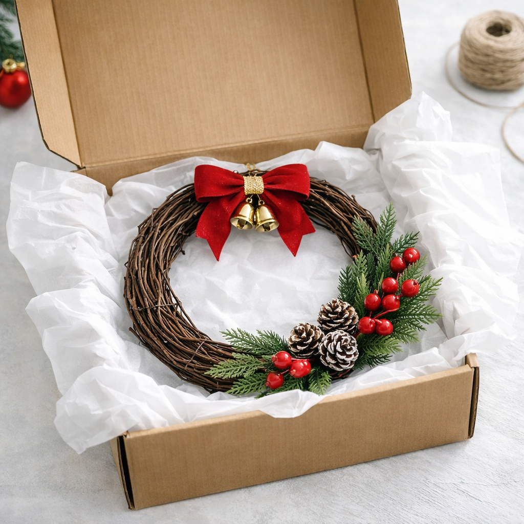 Traditional Christmas Wreath with Evergreen Branches, Pinecones & Red Bow Decor