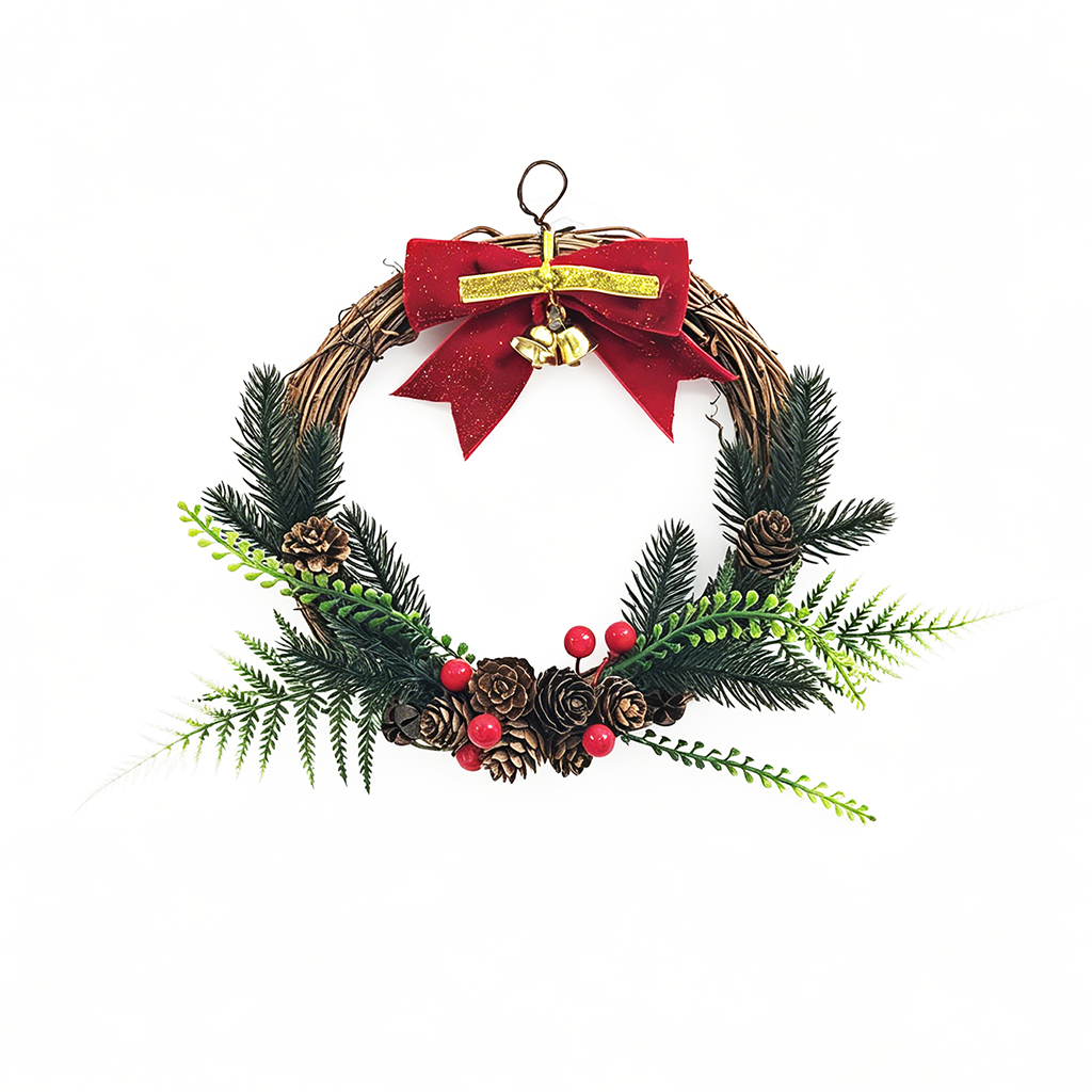 Traditional Christmas Wreath with Evergreen Branches, Pinecones & Red Bow Decor