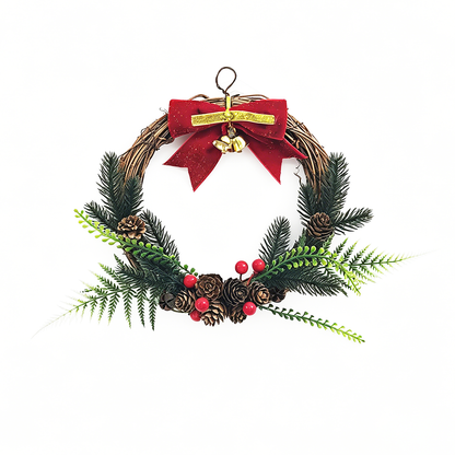 Traditional Christmas Wreath with Evergreen Branches, Pinecones & Red Bow Decor