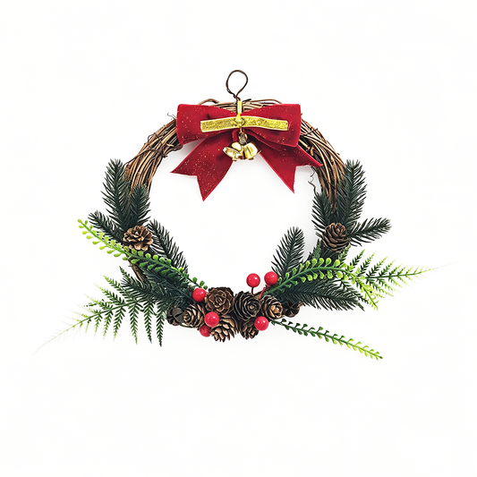Traditional Christmas Wreath with Evergreen Branches, Pinecones & Red Bow Decor