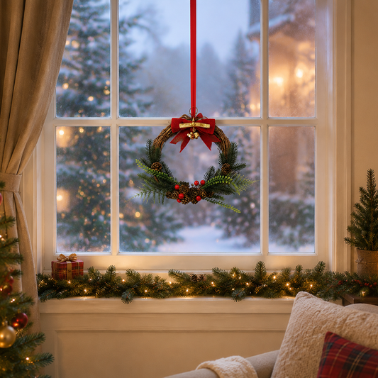 Traditional Christmas Wreath with Evergreen Branches, Pinecones & Red Bow Decor