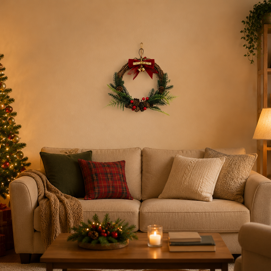 Traditional Christmas Wreath with Evergreen Branches, Pinecones & Red Bow Decor